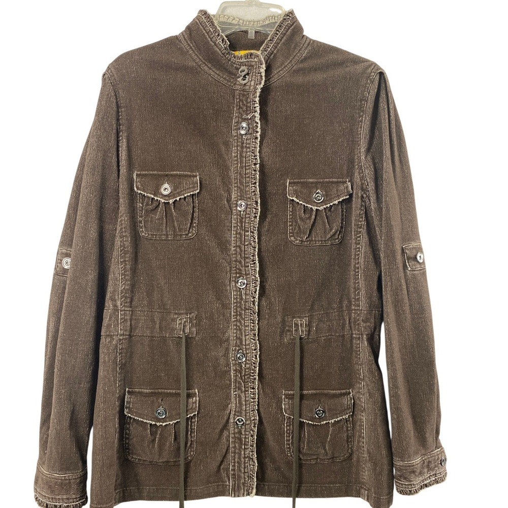 209 Wst Corduroy Jacket Women 10 Brown Distress Grunge Drawstring Waist Shacket